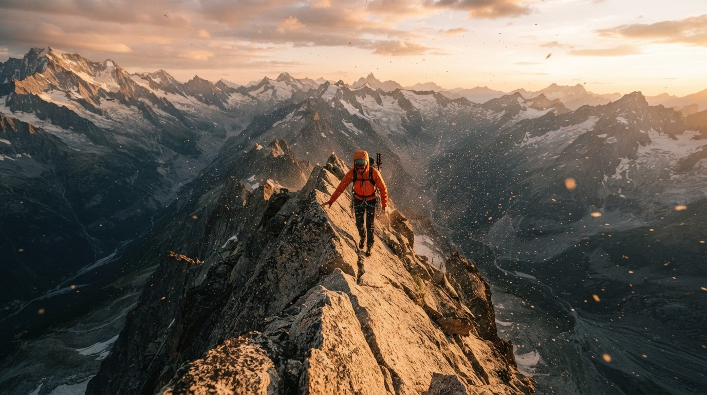 A lone climber on a steep granite ridge at golden hour, dust and snow catching the light